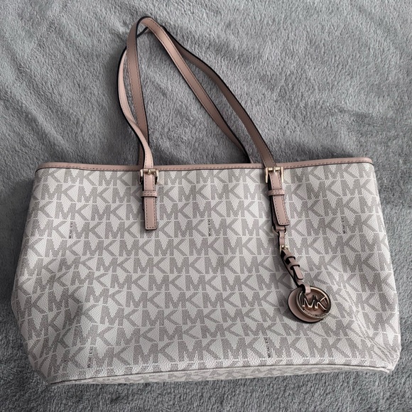 Michael Kors Handbags - Michael Kors Monogrammed Gray and Cream Tote